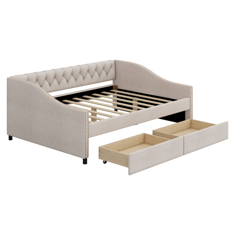 Lit de jour double rembourré 2 tiroirs avec support de lattes robuste, Beige