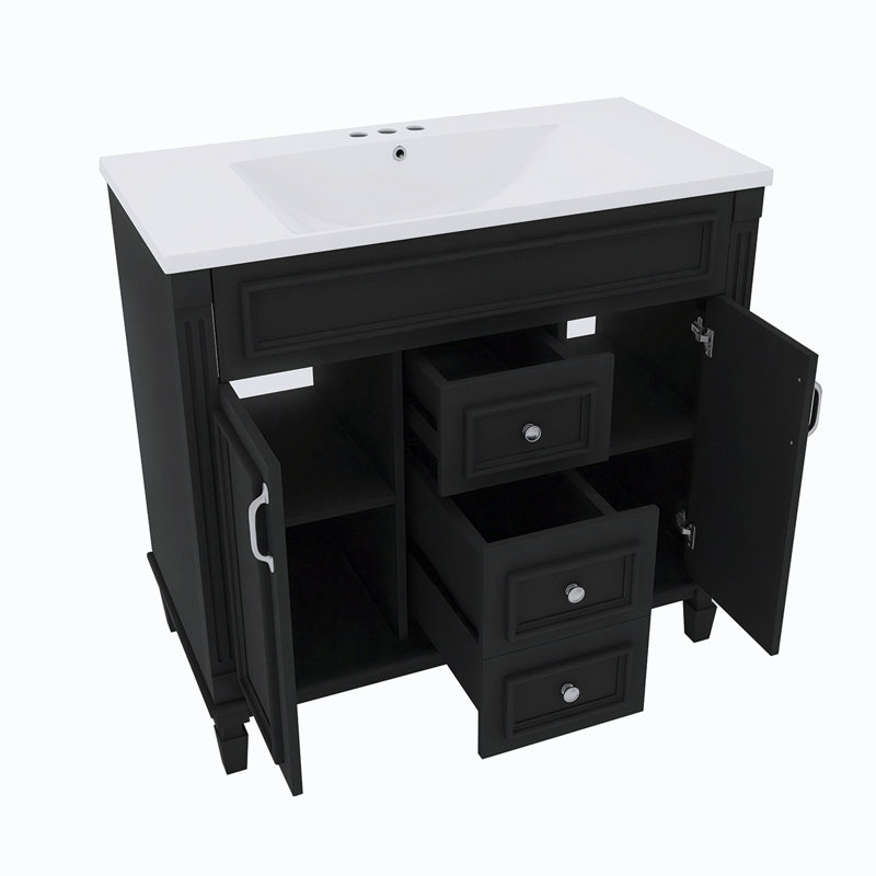 36 po Ensemble de meuble-lavabo autoportant avec comptoir intégré en céramique brillante, Noir