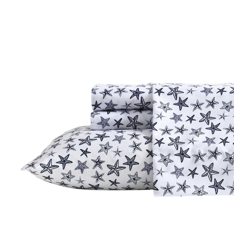 Ensemble de draps bleu Nautica, Ensemble de draps pour grand lit avec 2 taies d'or, Étoiles de mer salées - bleu