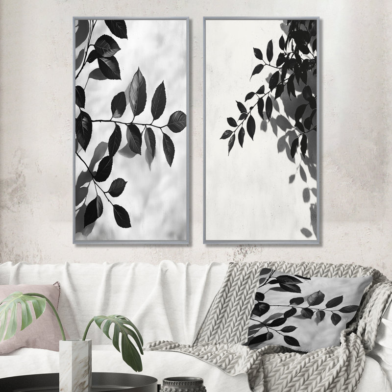 Feuilles noires, ombre silhouette I - art mural floral, collection 2 panneaux, H 32 po x l 33 po, Encadrement argenté