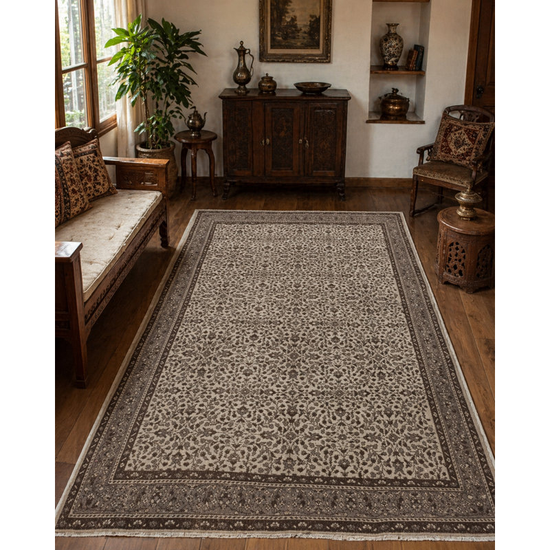 Tapis turc rétro fait à la main avec motif floral Oushak