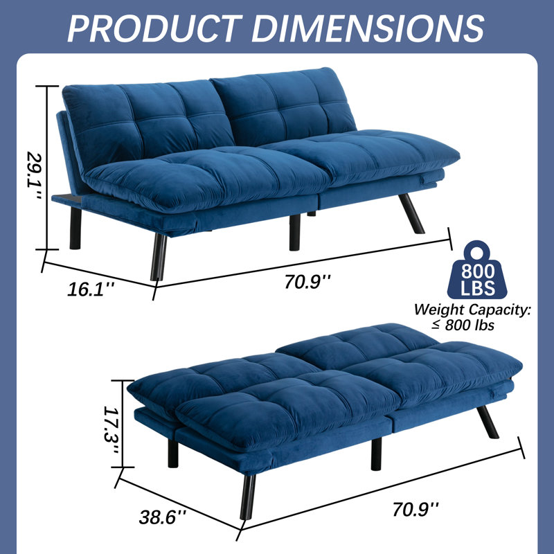 Merrium Twin 70.9'' Velvet Convertible Sofa, Navy Blue Velvet