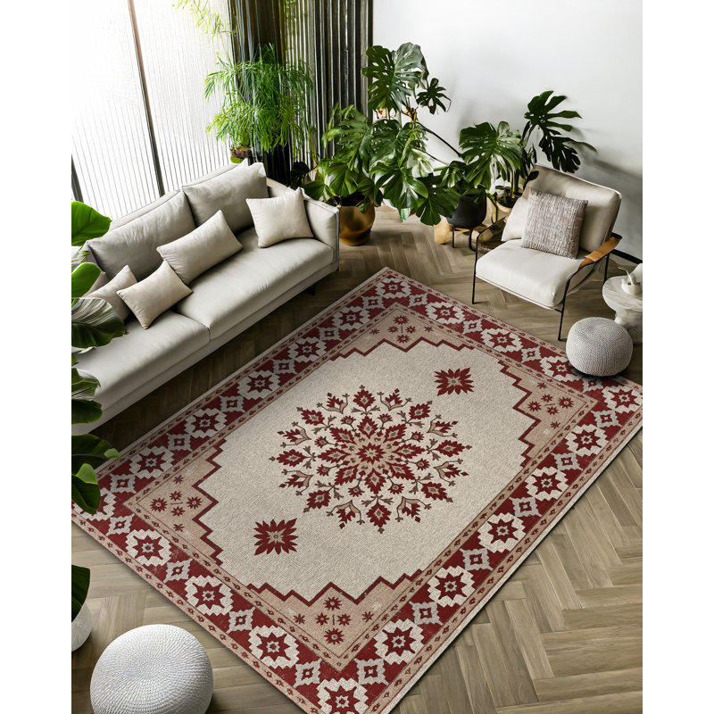 Nancy Collection Digital Print Cotton-Polyester Burgundy Beige Moroccan Rug, Square 3'4"
