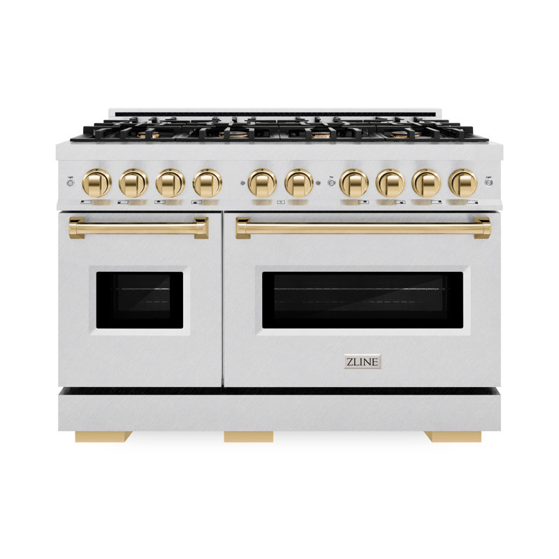 ZLINE Autograph Edition 48 in. 6.7 cu. ft. Classic Double Oven Gas Range with 8 Burner Cooktop, Gold, Satin Stainless Steel
