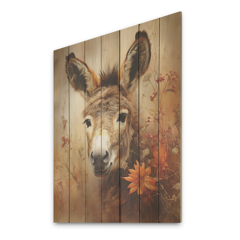 Portrait d'âne de ferme en automne - âne sur bois, H 32 po x l 24 po