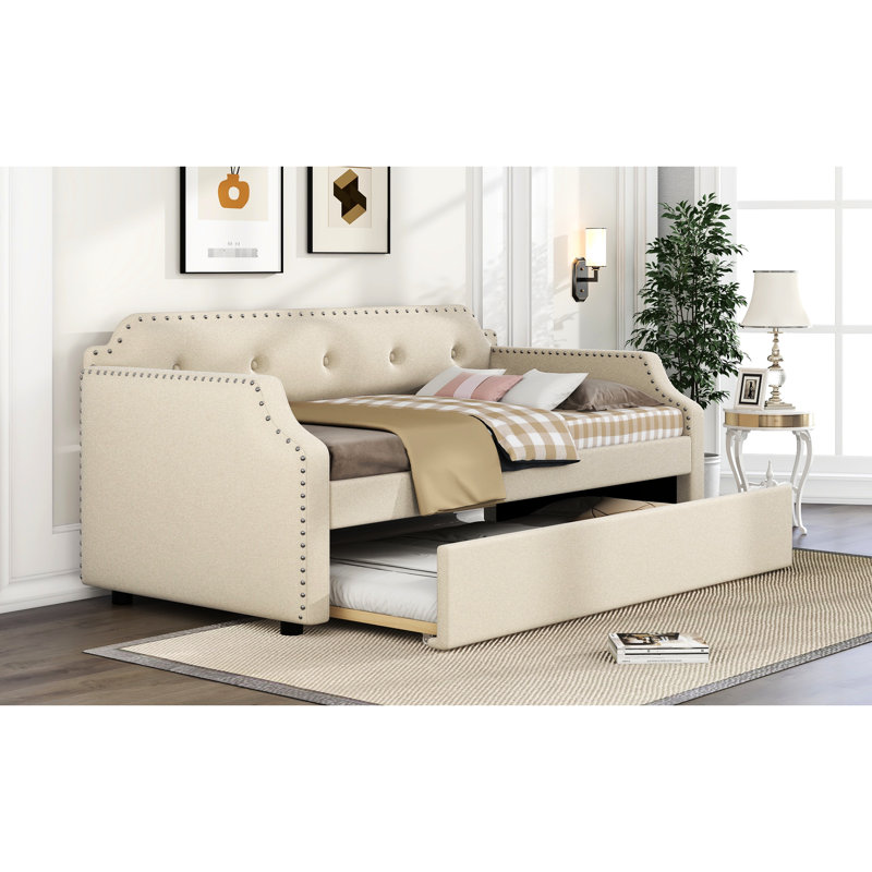 Lit de jour simple rembourré beige avec lit gigogne et rangement, Beige