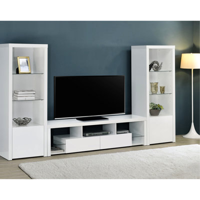 3 Tv Entertainment Center In White Glossy Finish Featuring Soft-Close Drawers, Glass Shelves And Complementary Towers For Contemporary Home Decor High Gloss Media Living Rooms