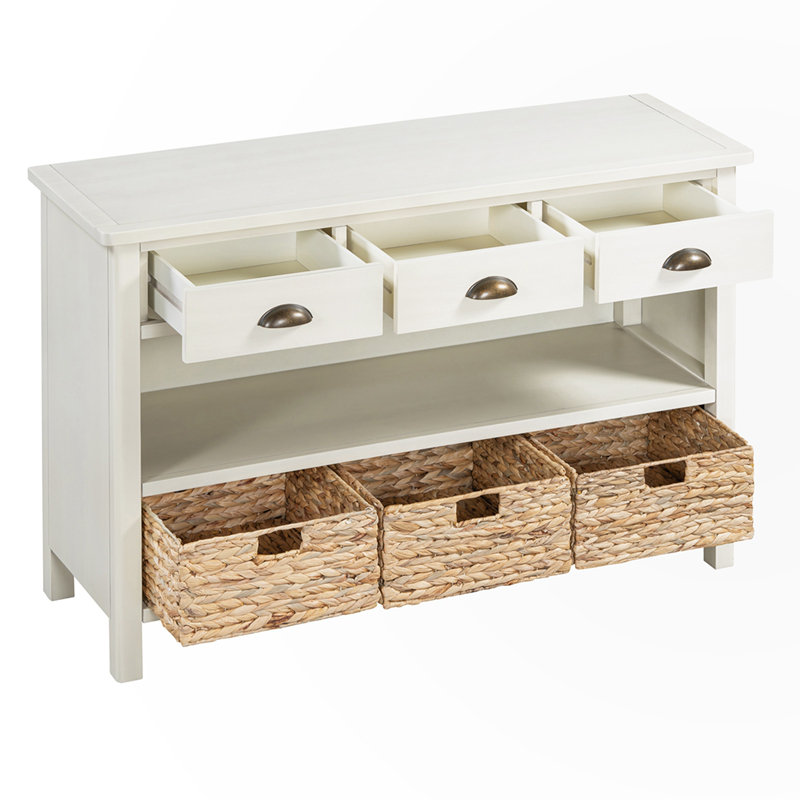 Console rétro avec paniers tissés jacinthe d'eau, Blanc antique