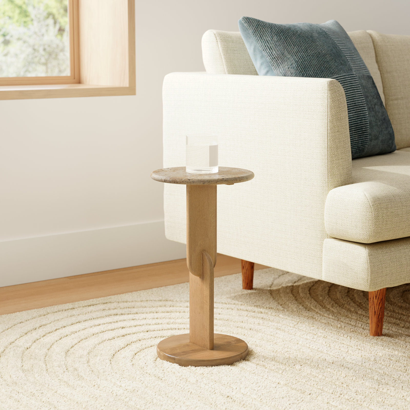 Kielle 10" Genuine Marble End Table, Oak, Travertine