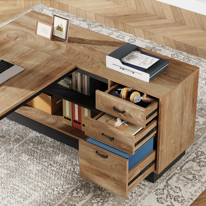 71" L-shaped Executive Desk with Cabinet, Large Office Desk with Drawers And Storage Shelves, Brown/Black