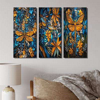 Blue And Yellow Dragonfly Rainforest Radiance I - Dragonfly Animal Wall Art Collection 3 Panels