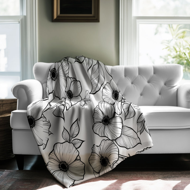Motifs de fleurs noires et blanches - Couverture Sherpa de qualité supérieure 1 pièce, Grand lit