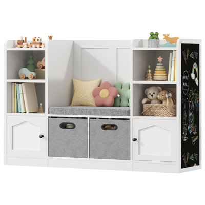 49.6W x 37"H Nursery Toy Box Organizer With Stuffed Animal Storage and Chalkboard, Toy Storage Organizer and Extra Wide Kids Bookshelf With Seat Cushion