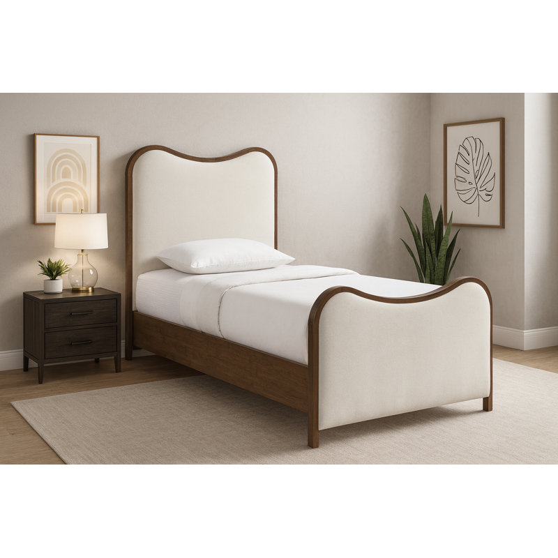 Lit tapissier Arvada, Simple, Crème lin texture tissu / brossé noyer