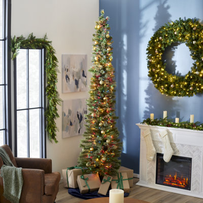 Home Heritage 9 Ft Pencil Pine Prelit Artificial Christmas Tree, 500 RGB Lights