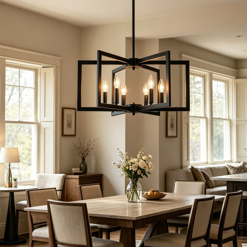 6 - Light Farmhouse Geometric Candle-Style Square / Rectangle Lantern Chandelier, Matte Black, 6 Lights