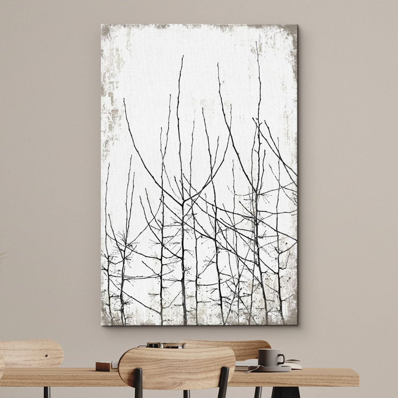 " Black & White Thin Tree Branch Silhouettes Plants Modern Art Rustic ", 48" H x 32" W, Wrapped Canvas