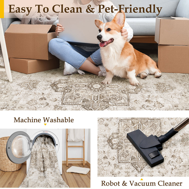 Tapis lavable rétro patiné avec envers antidérapant, Beige, Rectangle 5 pi x 7 pi