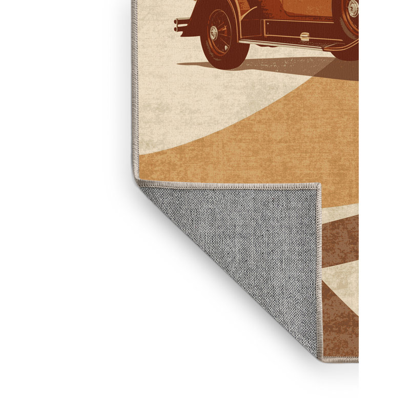 Machine Washable Daleville Antique Roadster Car Traditional Vintage Look Rug in Beige – Beige Binding, 4x6