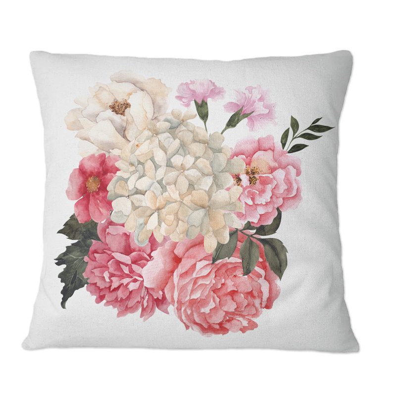 Bouquet rétro avec fleurs rétro et feuilles I - coussin décoratif traditionnel, 16 po x 16 po