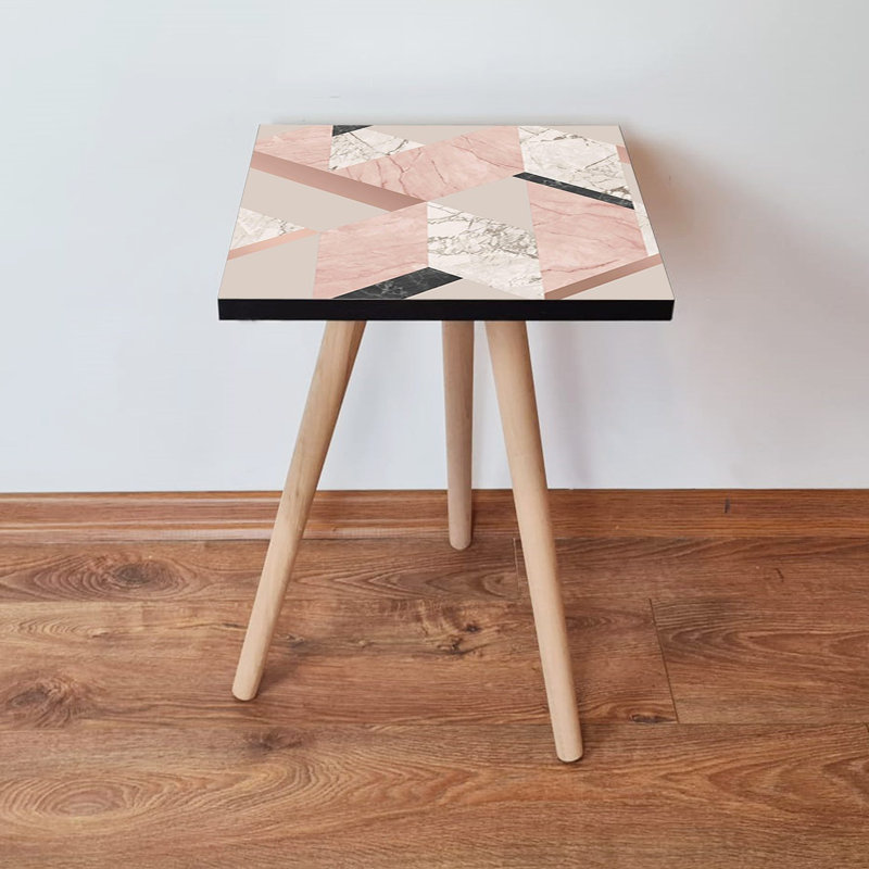 Table d'appoint moderne avec pieds en bois de hêtre, couleur rose et beige / blanc et noir, 13,8 po x 16,5 po x 13,8 po | 100% panneau de fibres à densité moyenne, épaisseur: 0,7 pouce | Conception géométrique élégante, parfaite pour le salon et la chambre à coucher