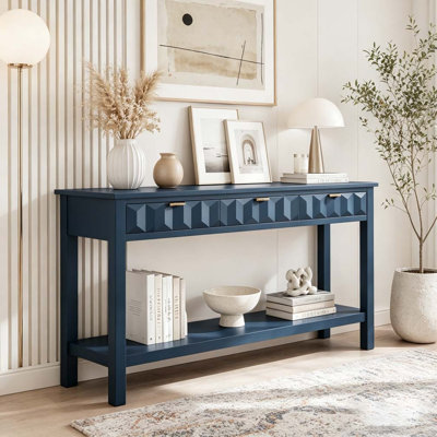 60'' Fir Veneer Entryway Table with Honeycomb-patterned Fronts,Modern Stylish Console Table