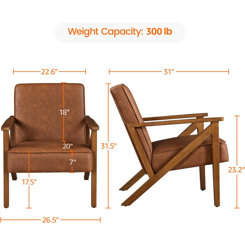 Accent Chair Faux Leather Armchair Lounge Chair with Wood Frame, Modern Retro Lounge Chair for Living Room/Office/Reception Area, Light Brown