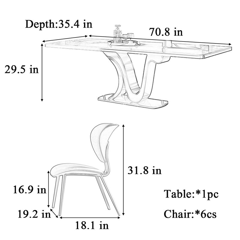 Table et chaise de luxe domestique, Blanc / gris, H 29,5 po x L 70,8 po x l 35,4 po
