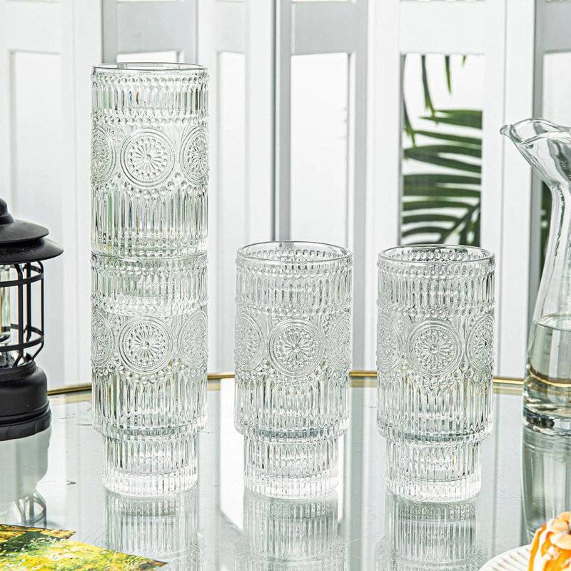 16oz Clear Ribbed Glass Cups with Floral Design, Set of 4