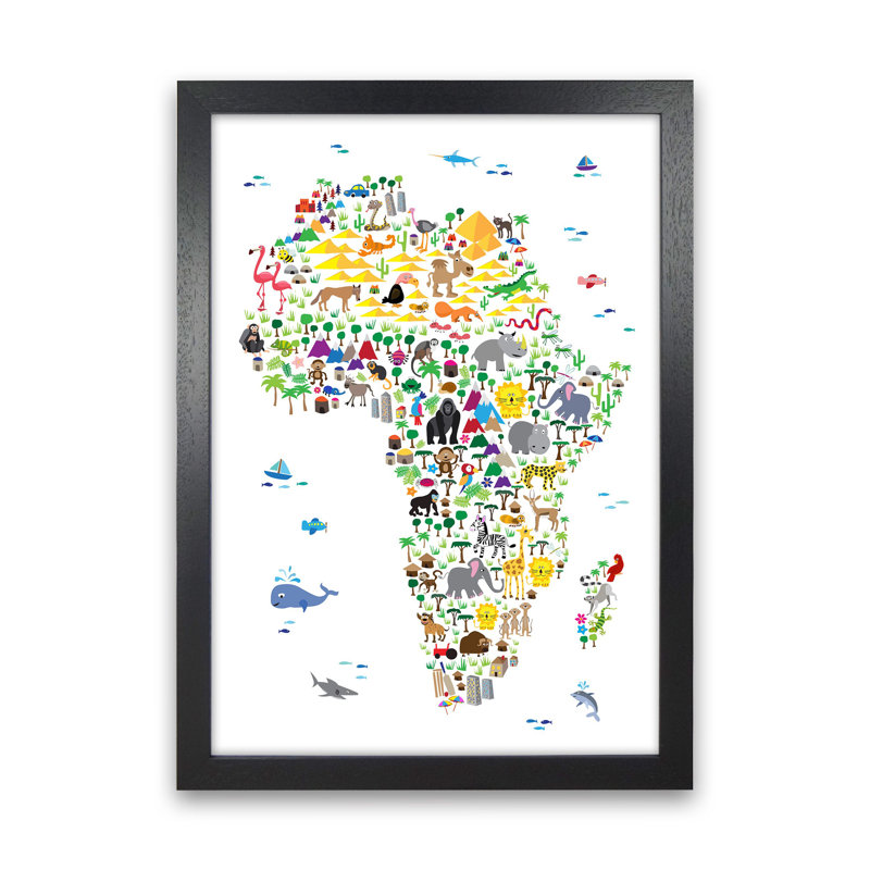 Animal Map Of Africa Nursery by Michael Tompsett - Print, 46cm H x 34cm W x 3cm D, Black Framed