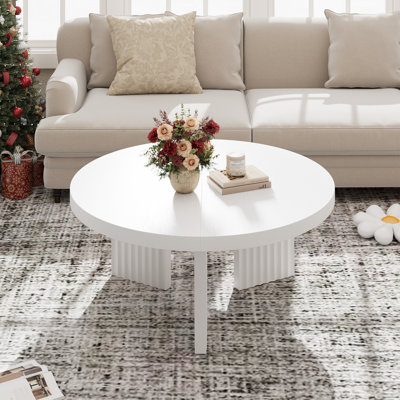 Round Coffee Table, 33.5" Circle Center Table with Fluted Legs & 1.3" Thick Top, Accent Sofa Tables for Living Room, Bedroom, Easy Assembly, White