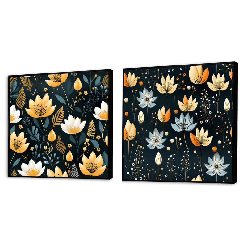 Doerun - Ensemble de 2 collages carrés botaniques abstraits, Cadre flottant noir, H 30 po x l 61 po