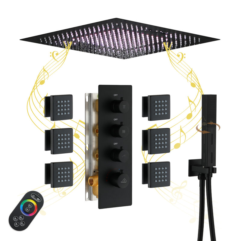 Matte Black Large Square LED Rainfall Shower System with Handheld