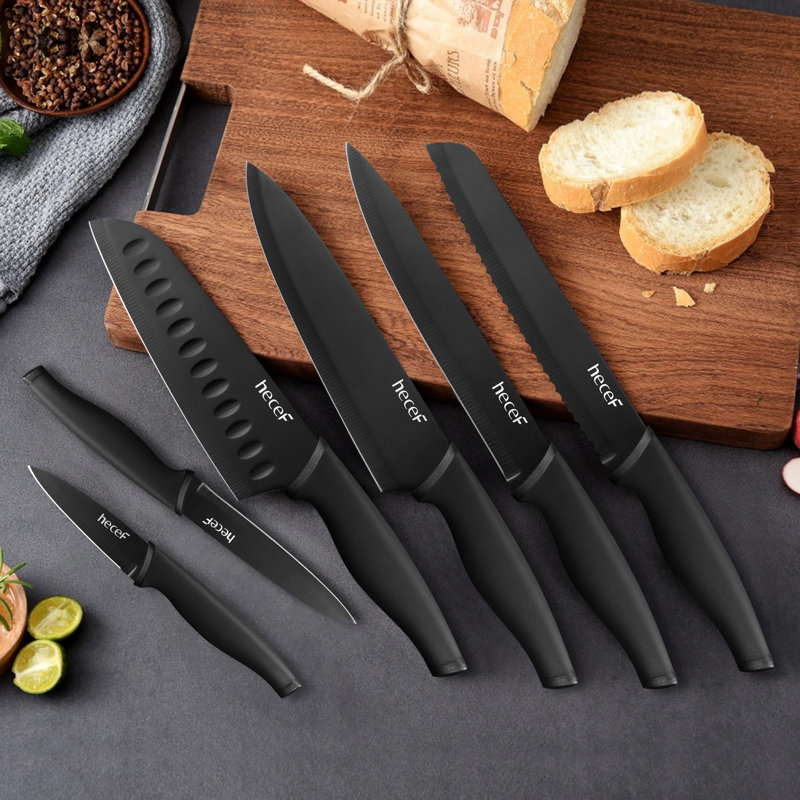Hecef 6-Piece Kitchen Knife Set with Sheaths, High Carbon Stainless Steel Knife Blade with Black Oxide Finish