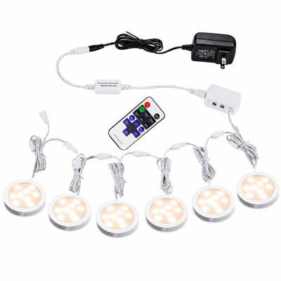 Under Cabinet LED Lighting Set of 6 – Linkable Slim Puck Lights with RF Remote Control, 12V Dimmable Mood Lighting with Memory, Low Profile Hardwired or Plug in for Kitchen Counter Bookshelf Display Cabinet