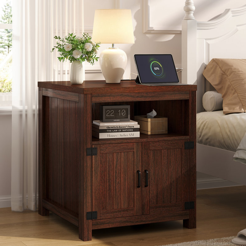 24" Farmhouse End Table With Charging Station And Barn Door Storage, Brown