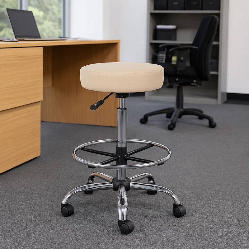 Tabouret de dessin médical Fea, vinyle beige rond, repose-pieds chromé, Beige