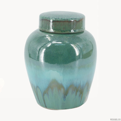 Pot rond en céramique de 6 x 7,8 pouces avec couvercle, émail réactif bleu et fines rainures.