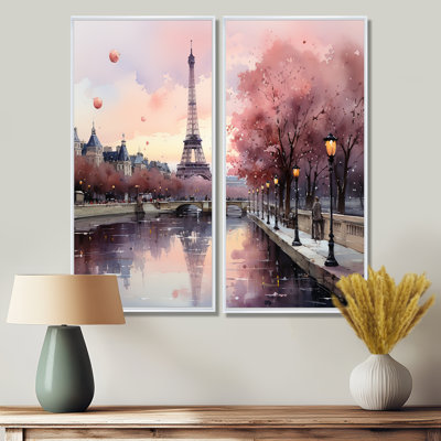 «Pink Twilight Rendezvous In Paris II», ensemble de 2 impressions sur toile traditionnelles