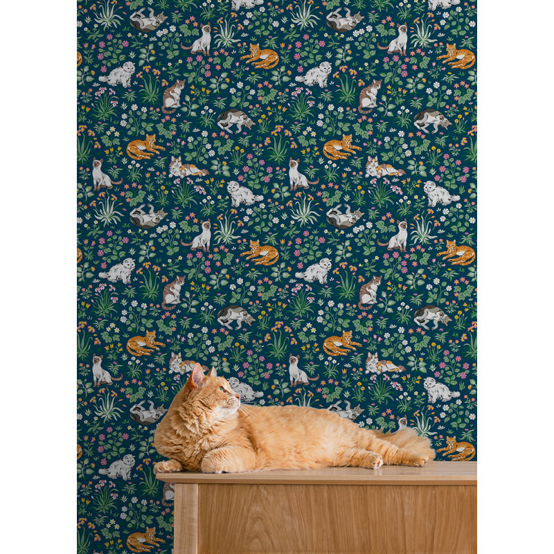 Papier peint adhésif indigo Must Love Cats, Vert