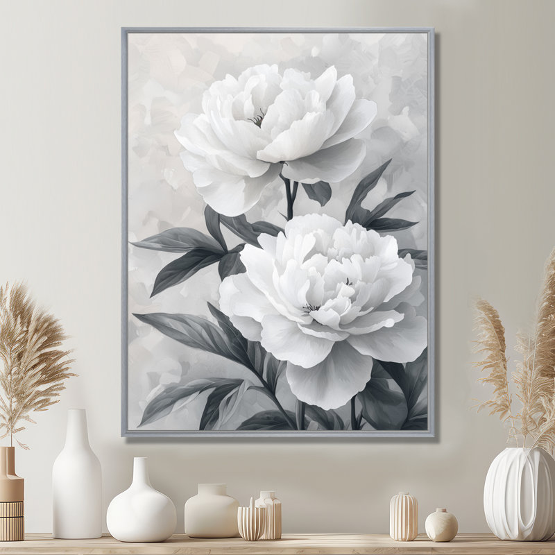Monochromes flou artistique pivoines I - pivoines, art mural, Argent argent, H 32 po x l 16 po