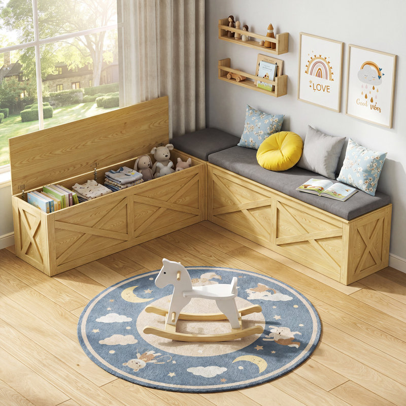 L-Shaped Corner Bench With Storage, Breakfast Nook Bench With Gray Cushions, Natural, Natural Wood