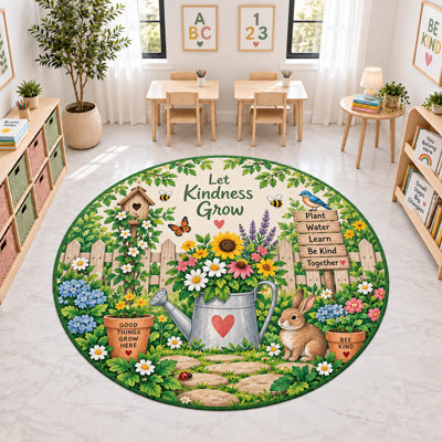 Tapis rond « Ultra Fin » 183 x 183 cm, motif lapin et jardin de la gentillesse, tapis d'intérieur doux à poils courts avec envers antidérapant en silicone, décoration florale pour chambre d'enfant, salle de jeux ou crèche