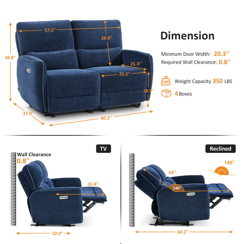 Zero Clearance Recliner Power Reclining Loveseat Sofa with Adjustable Headrest, RV Recliner Loveseat for Small Spaces, Navy