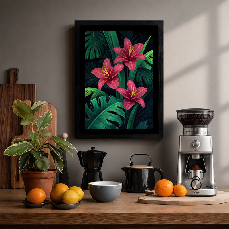 Lilies In Bloom Tropical - Print, A1 - 84.1 x 59.4 cm, Black