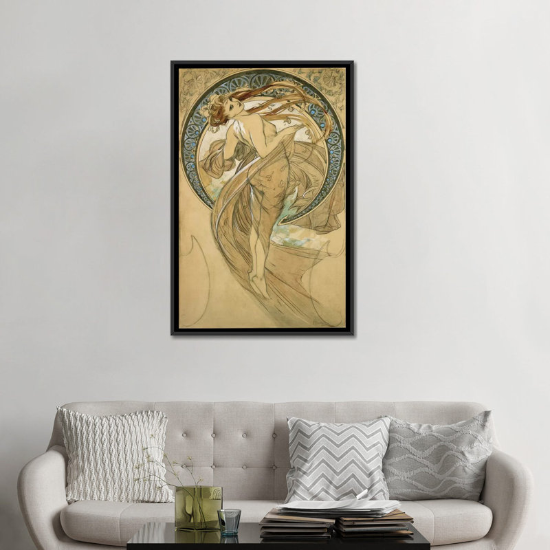 «Dance» par Alphonse Mucha, reproduction d'art sur toile, H 48 po x l 32 po x P 1,5 po, Toile avec cadre noir, Pas de tapis