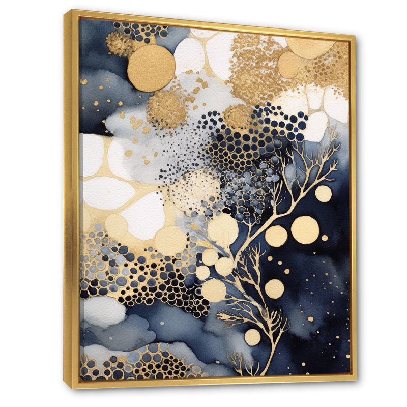 «Pastel Abstract» avec des taches bleues noires et dorées sur toile encadrée, Cadre flottant doré, H 20 po x l 12 po x P 1 po