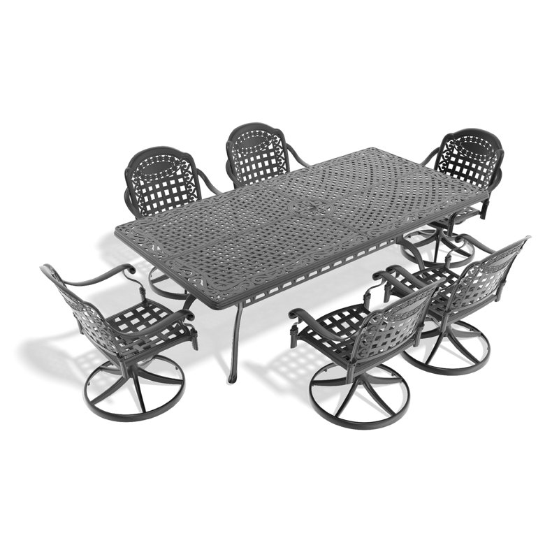 Ensemble de salle à manger 7 pièces en fonte d'aluminium toutes saisons, comprenant 6 chaises pivotantes et une table rectangulaire avec cadre noir