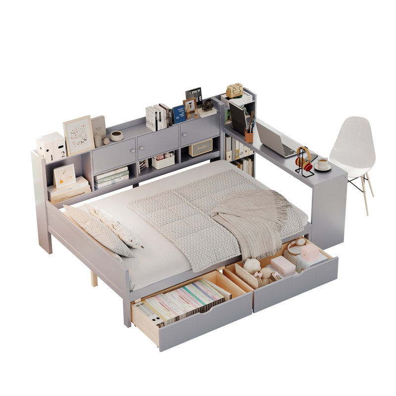 Lit de jour gris avec 3 armoires de rangement, 2 tiroirs, bureau d'étude polyvalent et espace multifonctionnel pour le rangement organisé en forme de L, cadre compact personnalisable