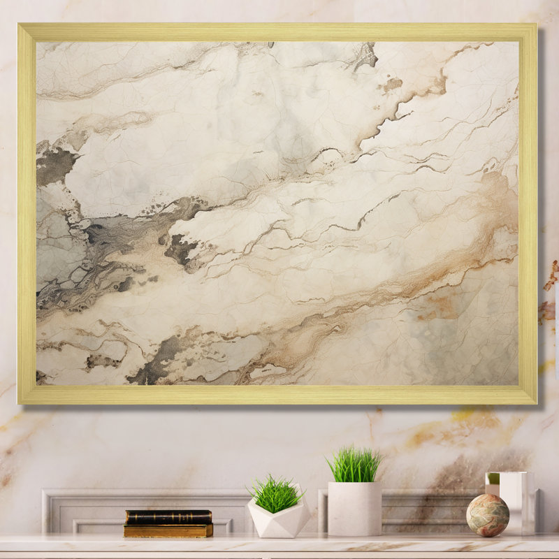 Beige et blanc, rivière de marbre - art mural abstrait en marbre, Cadre doré simple, H 34 po x l 44 po x P 1,5 po